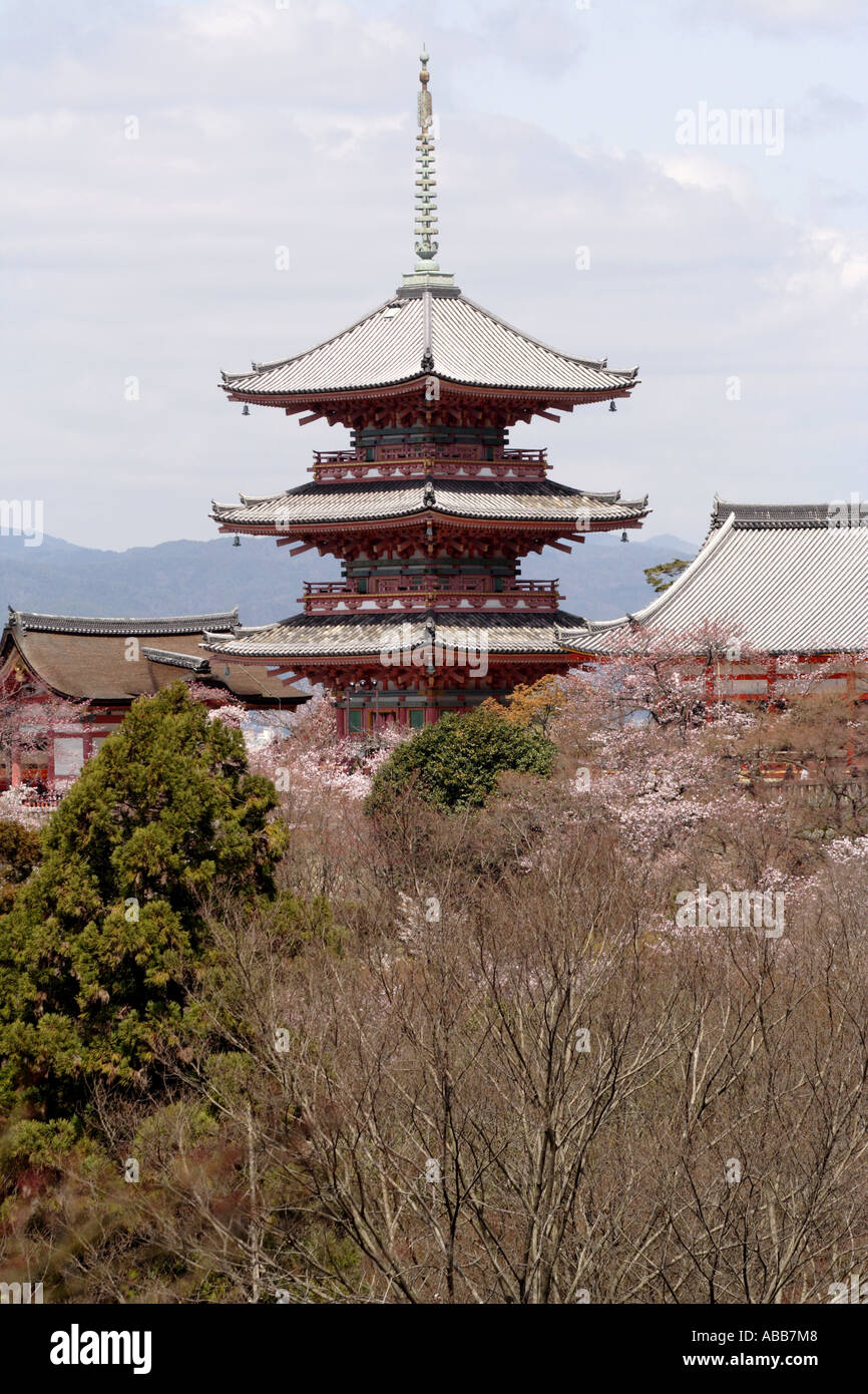 Pagode in dem Kiyomizudera Tempel-Komplex in Kyoto Japan während der Kirschblüte Festival Stockfoto