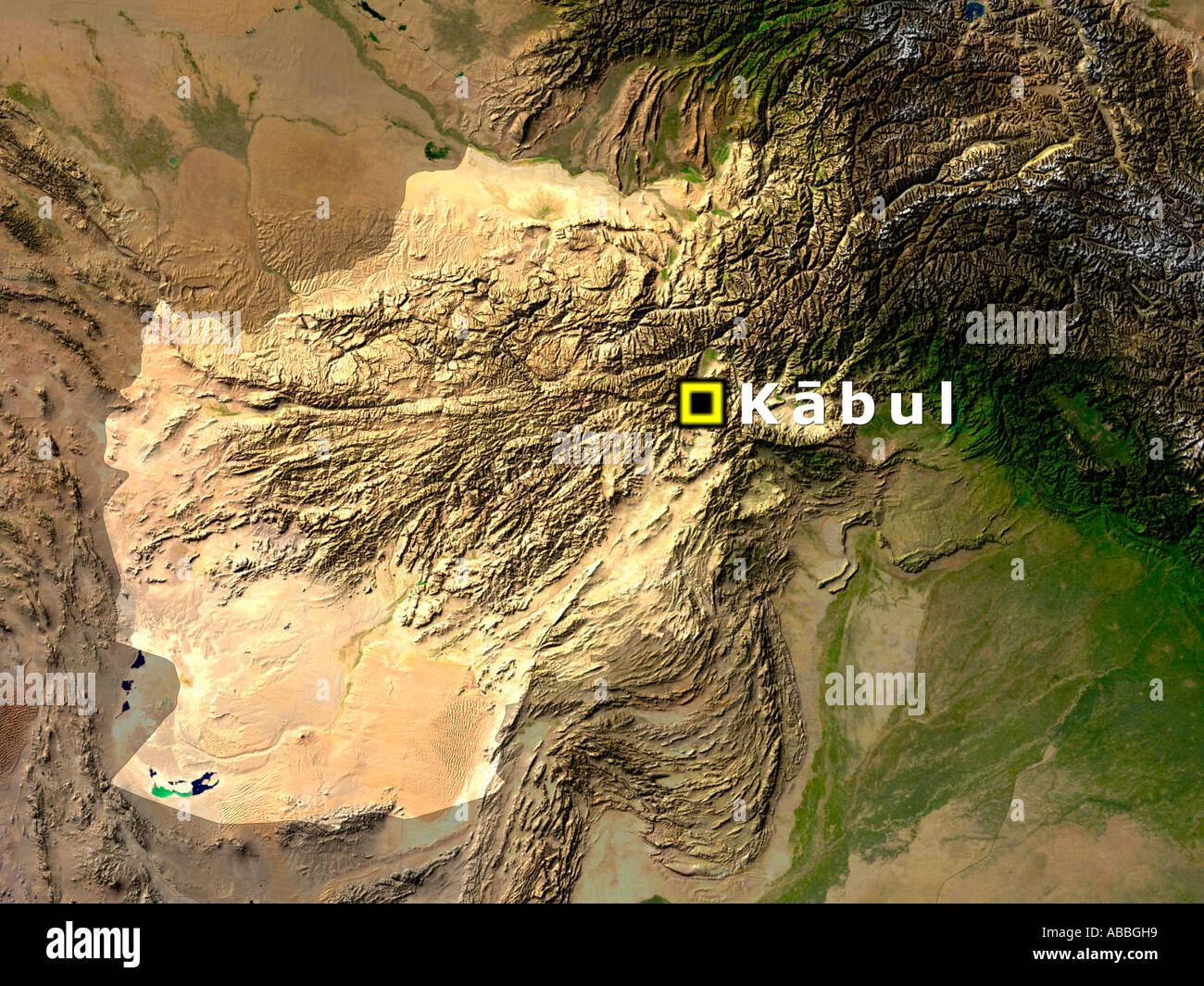 Satellitenbild von Afghanistan mit Kabul hervorgehoben Stockfoto