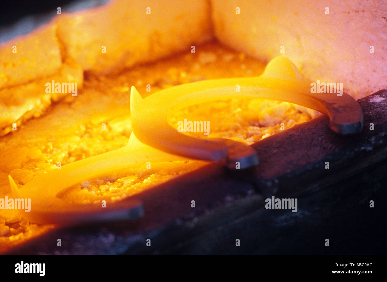 rote heiße glühende Hufeisen in modernen Gas gefeuert mobile Schmiede Stockfoto