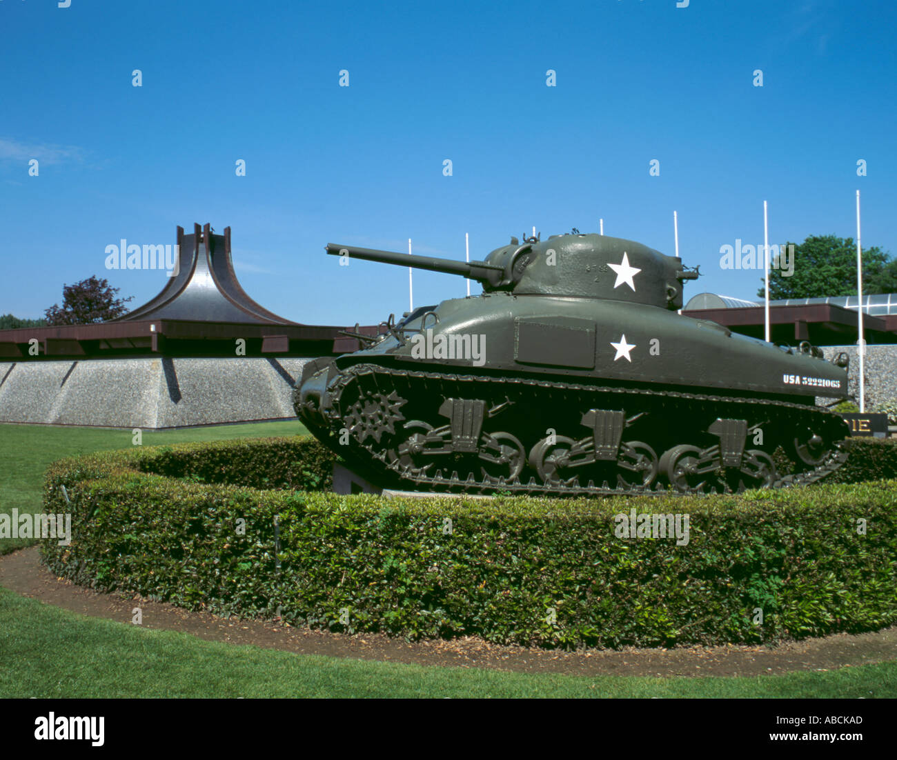 Amerikanischer M4A1 Sherman-Panzer im Musée Mémorial 1944 Bataille de Normandie, Bayeux, Normandie (Normandie), Frankreich. Stockfoto