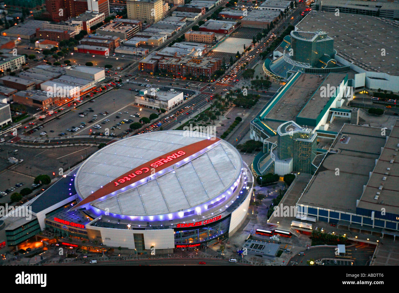 Luftbild von Downtown Los Angeles und dem Staples Center California Stockfoto