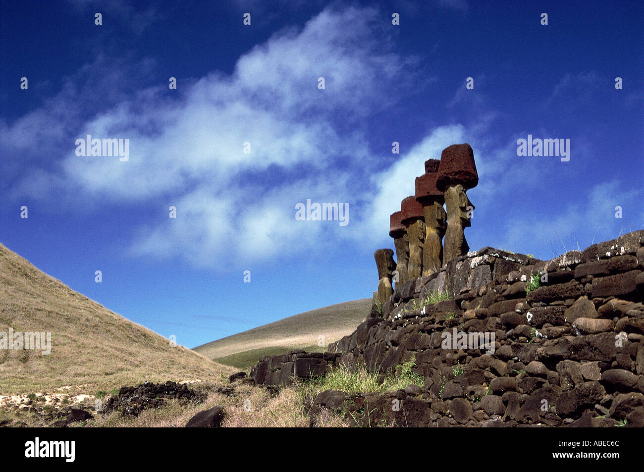 Moai Statuen Anakena Osterinsel Südpazifik Stockfoto