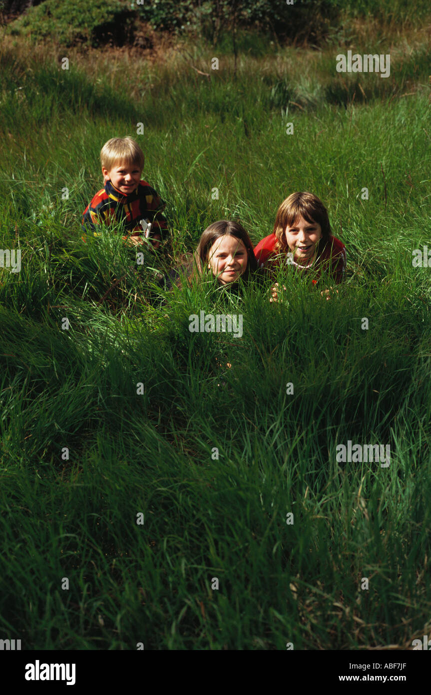 Drei Kinder im Alter von fünf Spielen acht und zehn lange Gras Strecken Hory tschechischen Berge Europa EU Stockfoto