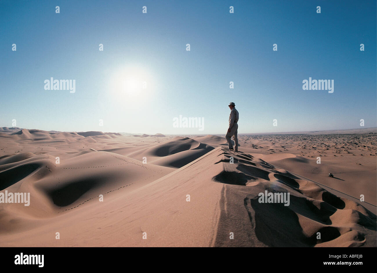 Walker auf Dune 7 eines der riesigen Sanddünen in der Nähe von Walvis Bay, Namibia Südwest-Afrika Stockfoto