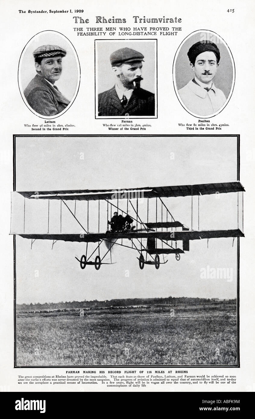 Farman Datensatz Flug 1909 verteilt das Magazin auf der Antenne Grand Prix in Reims 116 Meilen in 3 Stunden und 4 Minuten Stockfoto