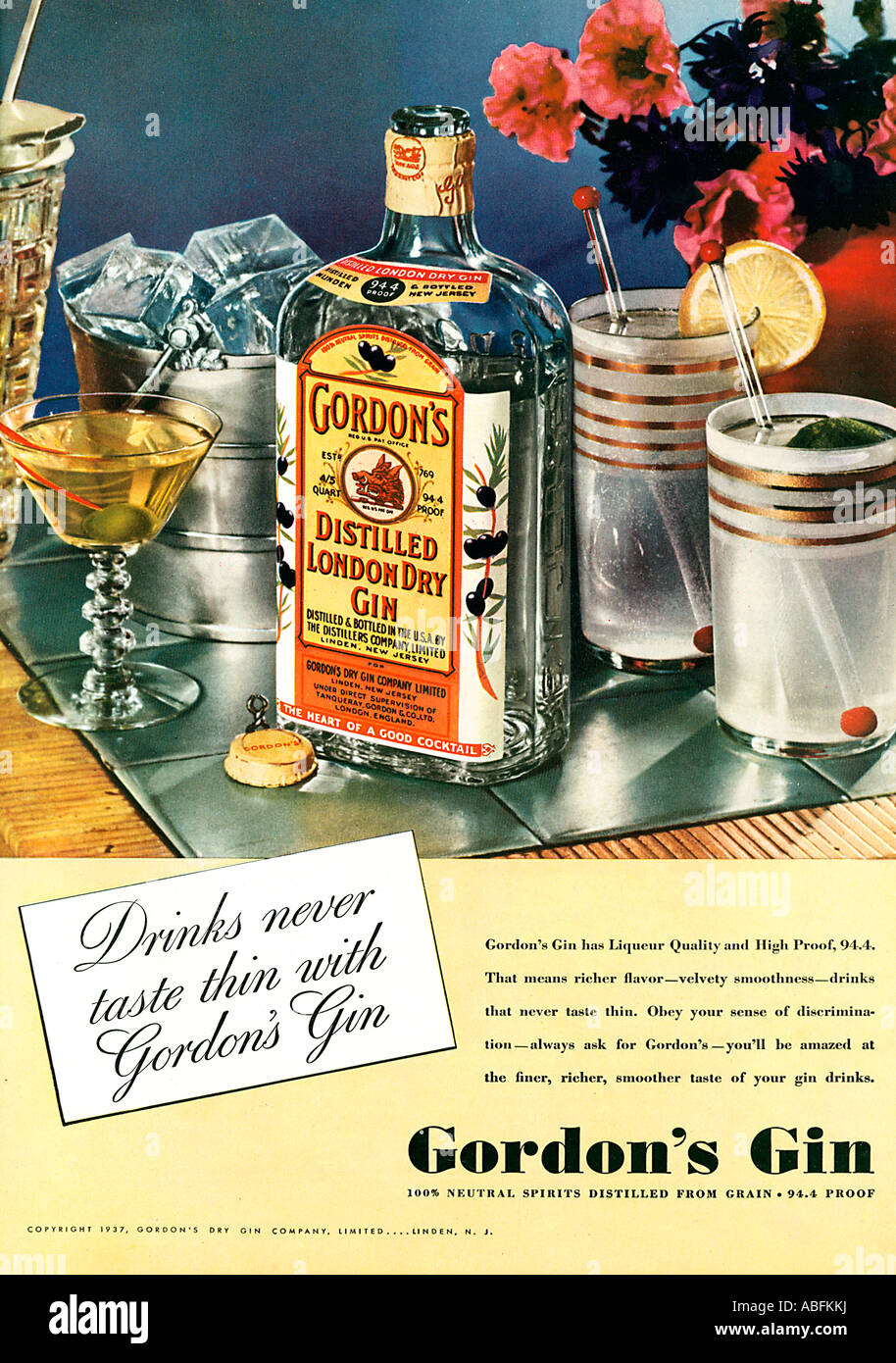 Gordons Gin 1937 amerikanischen Magazin Anzeige für die englischen London Dry Gin destilliert Cocktails in den Startlöchern Stockfoto