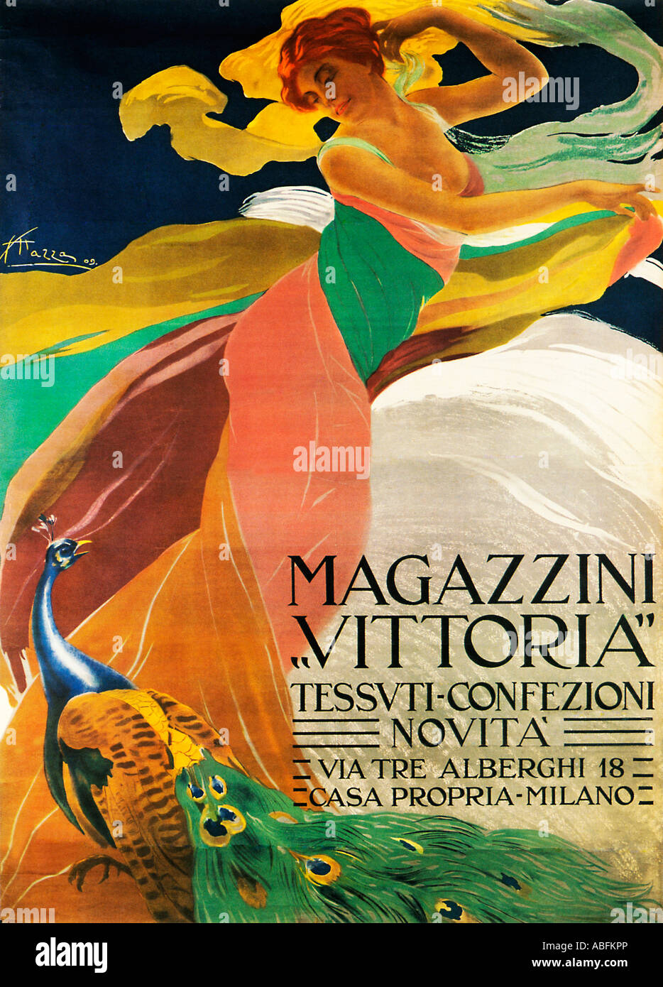 Magazzini Vittoria 1909 prächtige Jugendstil-Plakat für die italienische Mailänder Mode zu speichern, die Dame und der Pfau Stockfoto