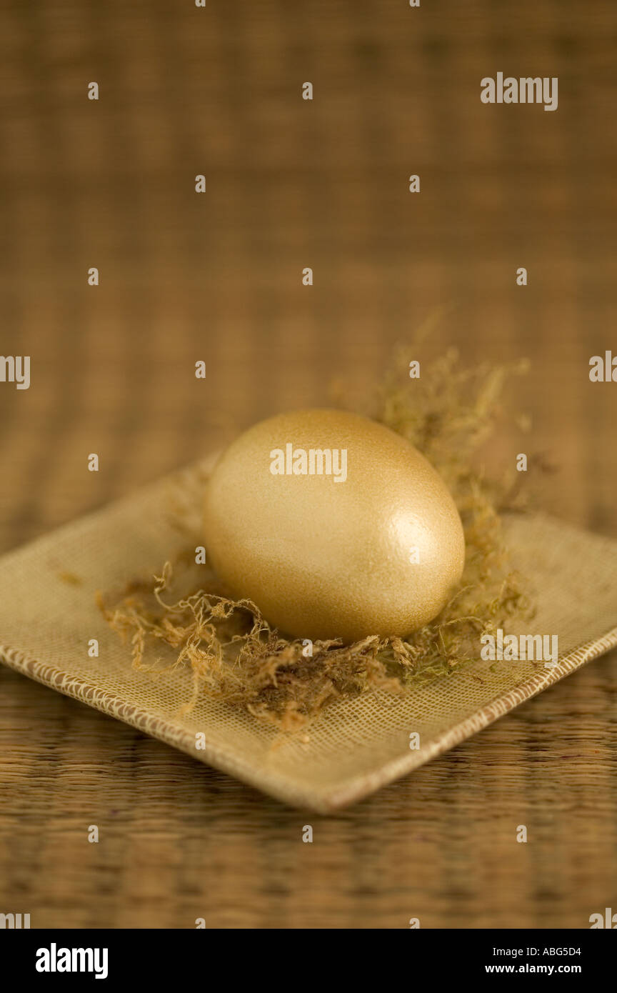Goldenes Ei sitzt auf quadratischen Platte in goldenen braunen Stillleben-set Stockfoto