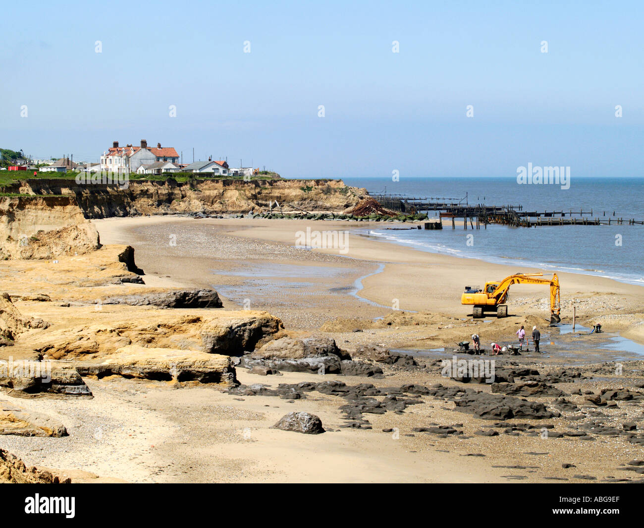 Strand Vorland mit Aushub Grabung archäologische Überbleibsel der Tier- und Pflanzenwelt happisburgh Norfolk East Anglia England Großbritannien Stockfoto