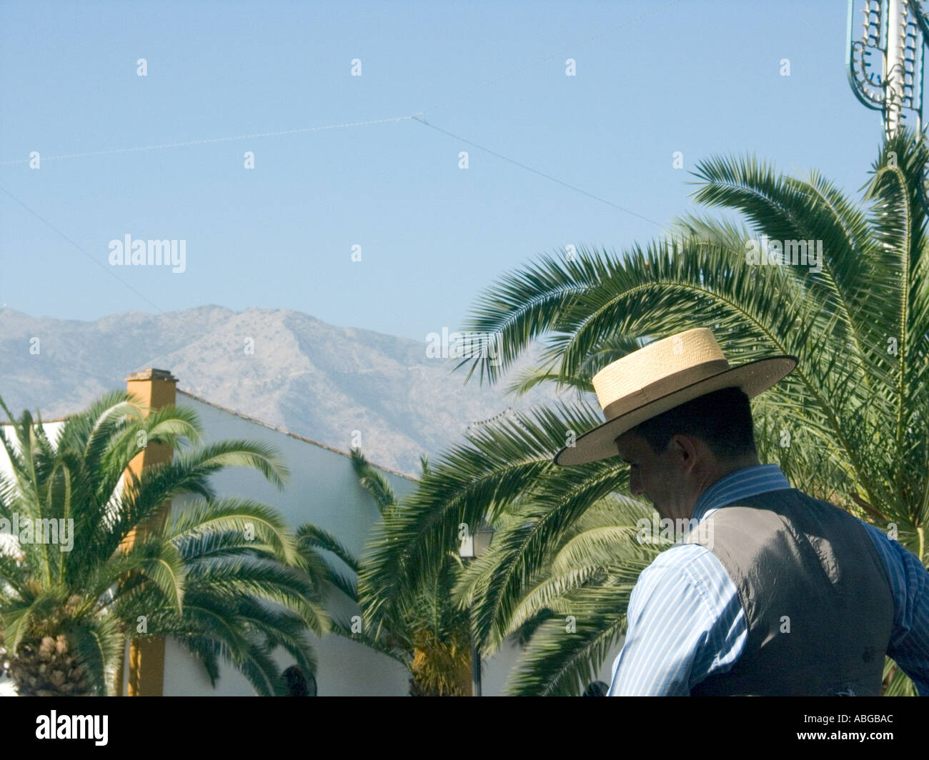 Kopf Schuss Reiter in Tracht am Fuengirola Romeria, Fuengirola, Costa Del Sol, Spanien, Europa, Stockfoto