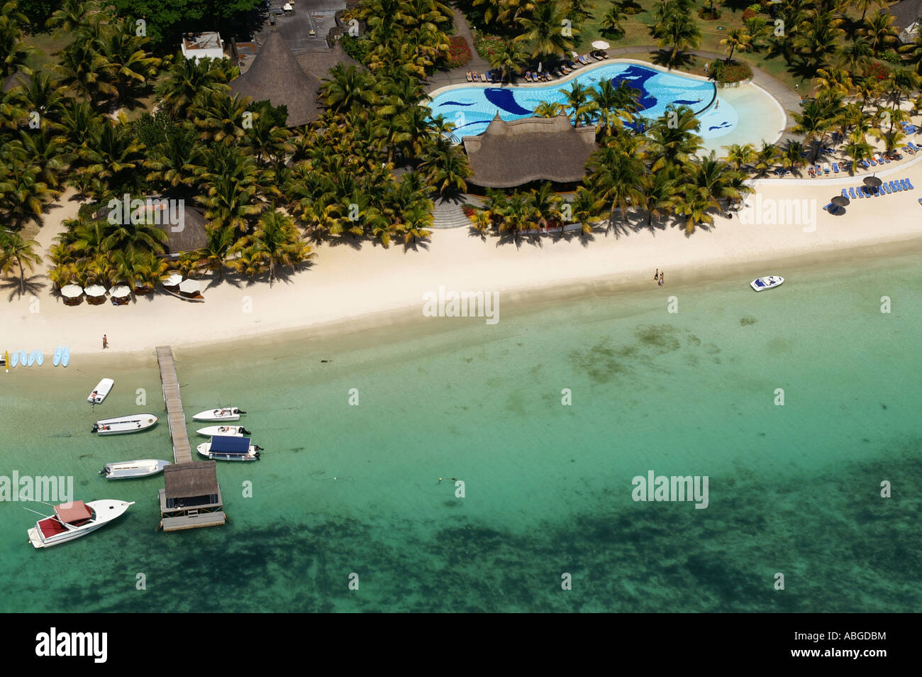 Aerial Blick, Meer und Hotel Bereich, Mauritius, Maskarenen, Indischer Ozean Stockfoto
