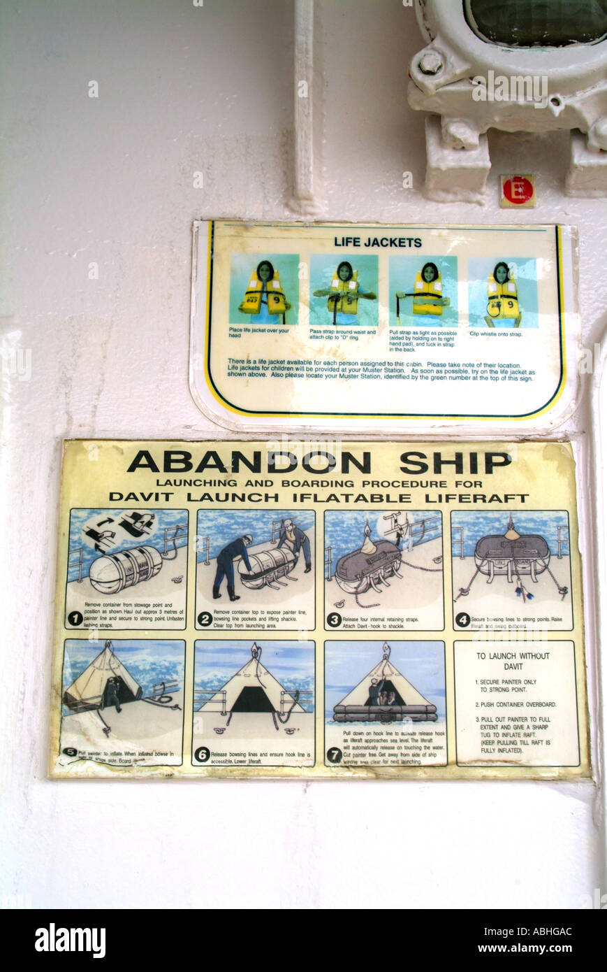 Sicherheitszeichen auf Passagierdecks Kreuzfahrtschiff zeigt Verfahren zur Nutzung der Rettungswesten Rettungsinseln im Notfall Stockfoto