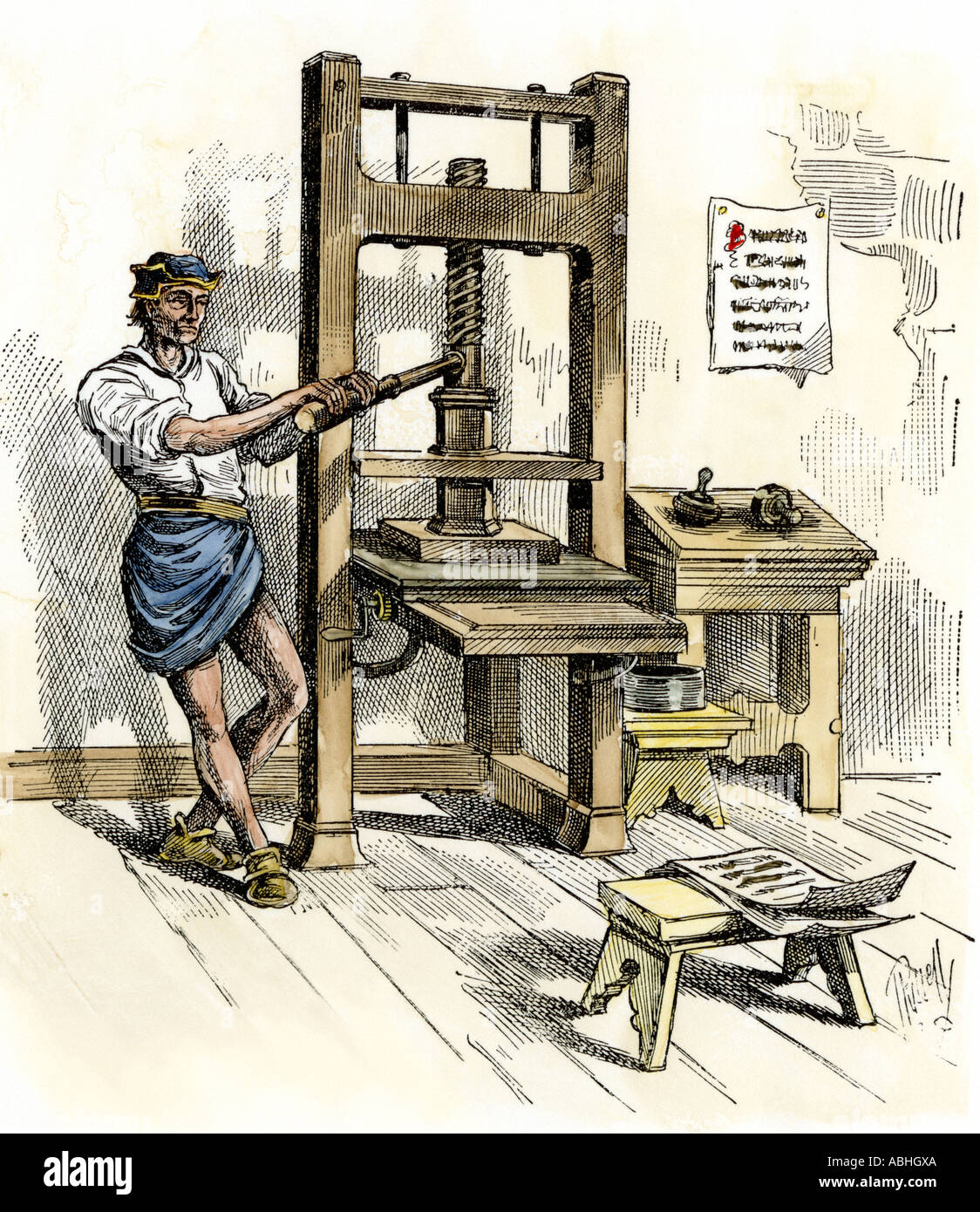 Stephen Daye Arbeiten Die Erste Druckmaschine In Amerika In Cambridge,  Massachusetts, 1640. Hand - Farbige Holzschnitt Stockfotografie - Alamy