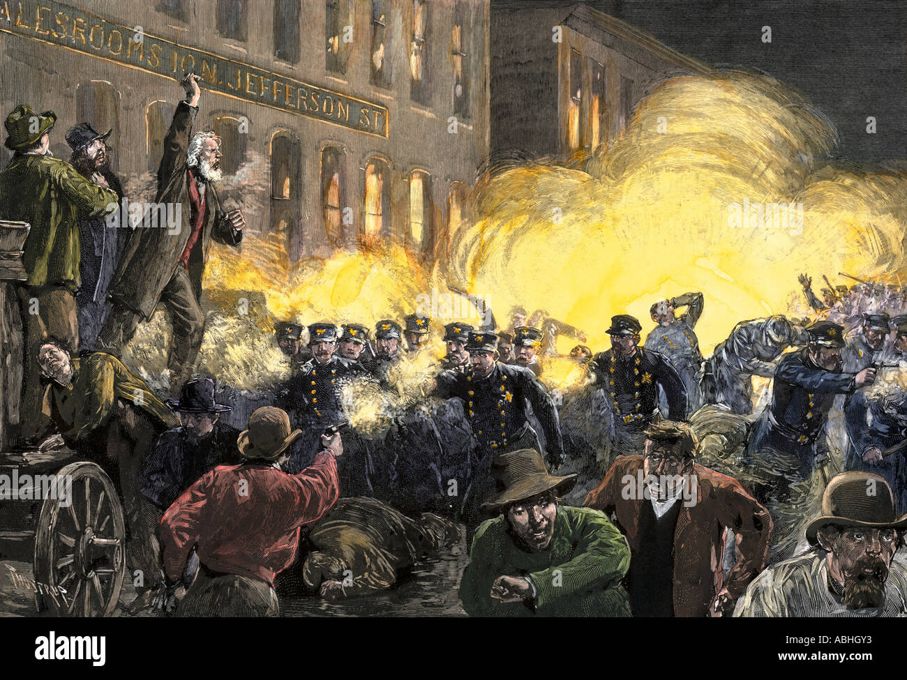Dynamite Bombe unter der Polizei während der Haymarket Square Riot in Chicago 1886 explodiert. Hand - farbige Holzschnitt Stockfoto