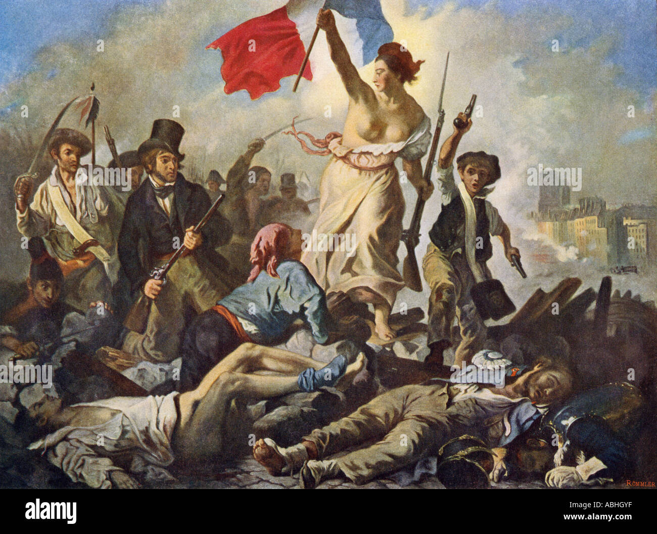 Die Freiheit führt das Volk von Eugène Delacroix. Farbe Grauwerte von einem Gemälde Stockfoto
