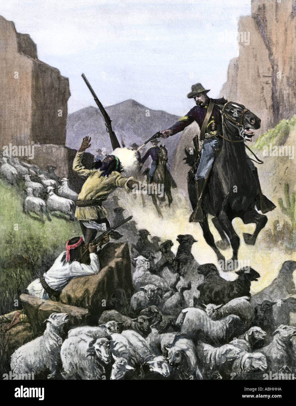 US-Kavallerie Soldat schießen Apache Schafe Hirten in einem Canyon 1800. Hand - farbige Raster eines Zogbaum Abbildung Stockfoto