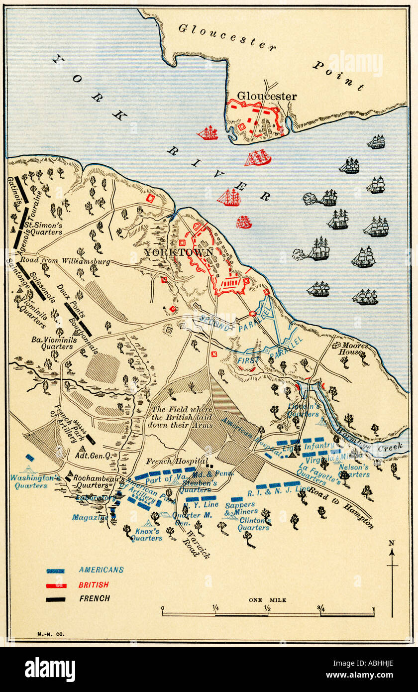 Karte der Schlacht von Yorktown, wo die Briten von der Amerikanischen und der Französischen Allianz im revolutionären Krieg besiegt wurden. Farblithographie Stockfoto