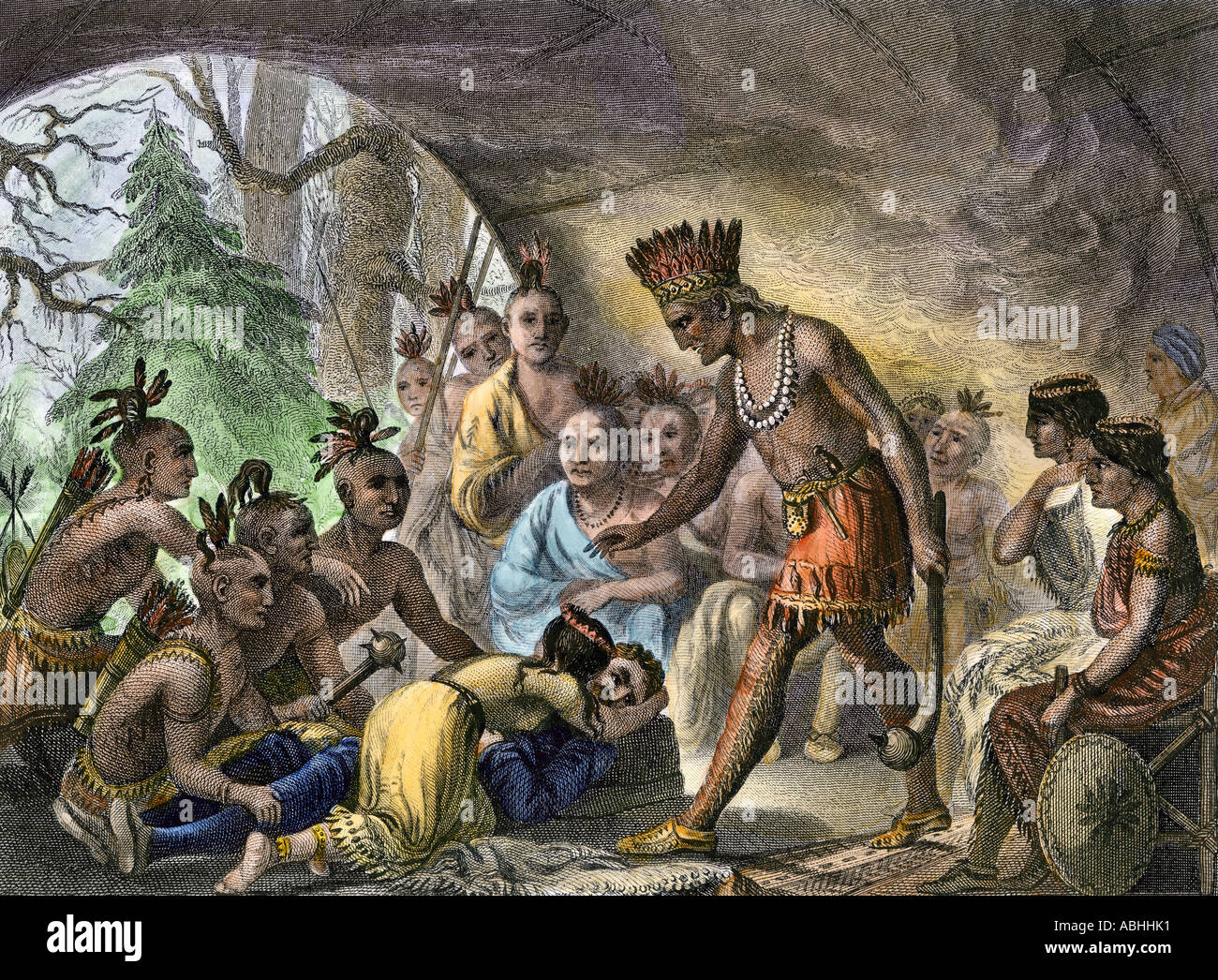 John Smith gespeichert von Pocahontas bei Jamestown in Virginia Colony 1607. Hand - farbige Gravur Stockfoto