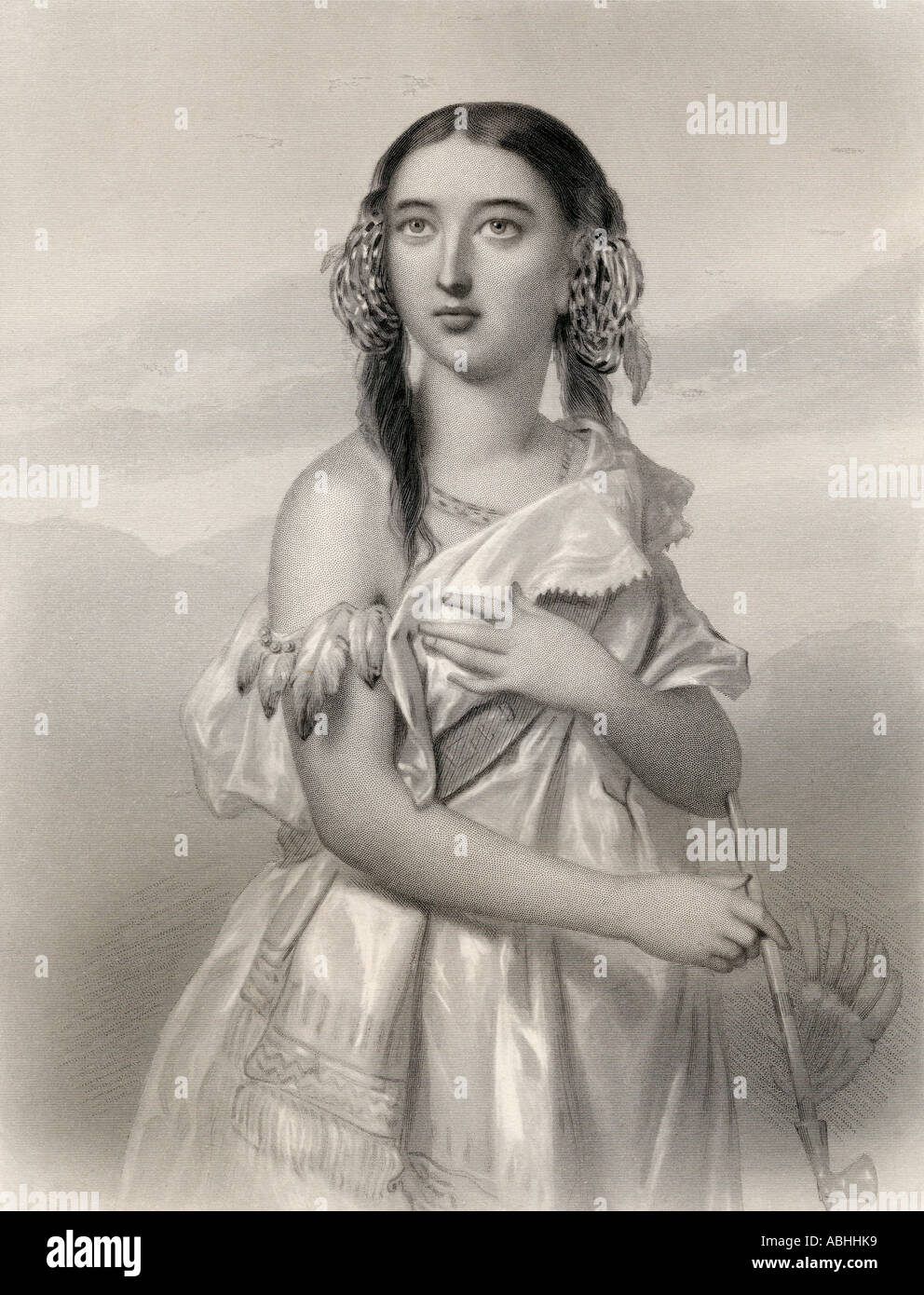 Pocahontas geborene Matoaka, bekannt als Amonute, ca. 1596 - 1617. Gebürtige Amerikanerin, die mit der kolonialen Siedlung in Jamestown, Virginia in Verbindung gebracht wird. Stockfoto
