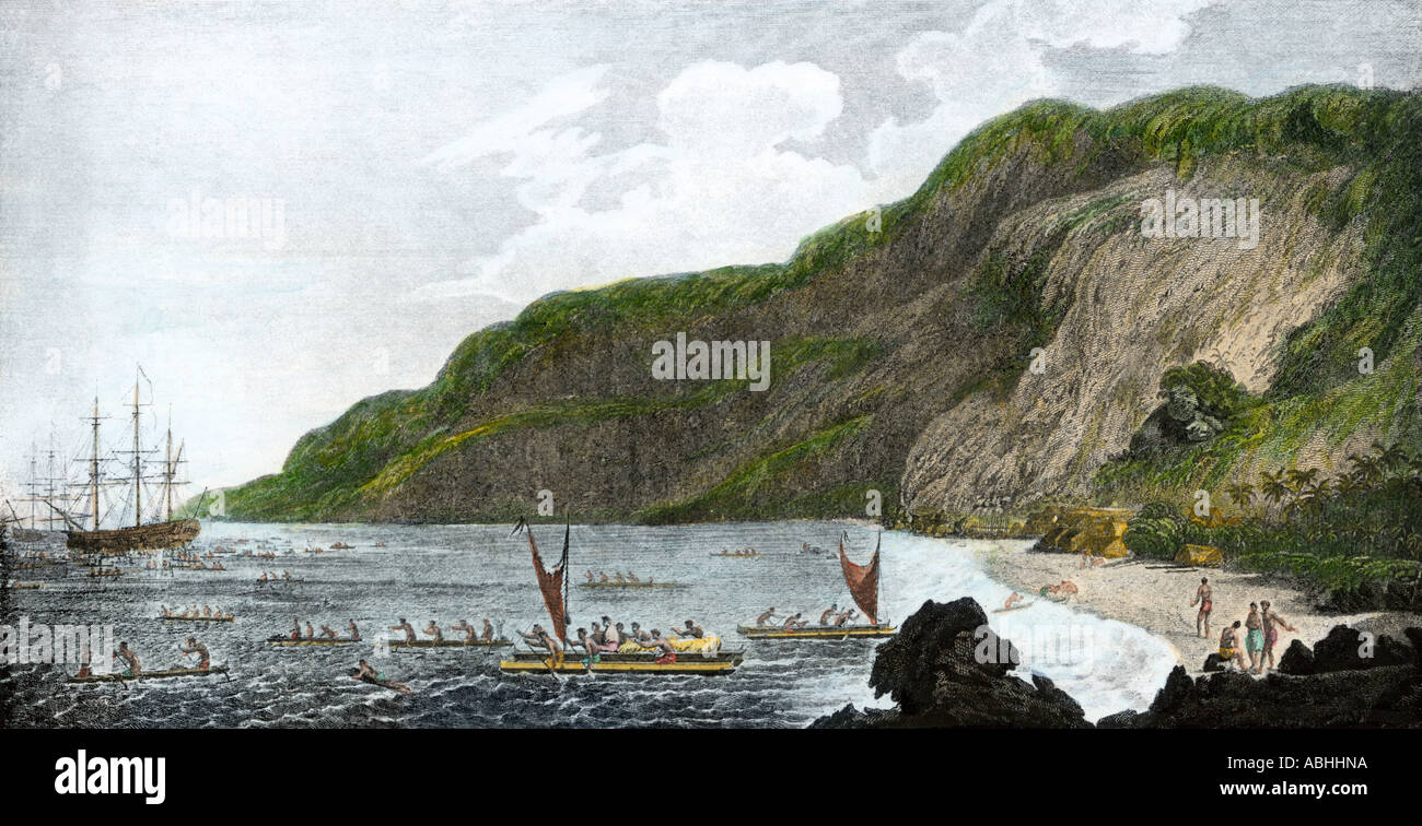 Kapitän James Cook mit seinen Schiffen in Kealakekua Bay in der Sandwich Inseln, wo er von den Eingeborenen im Jahre 1779 getötet wurde. Handcolorierte Halbton Stockfoto