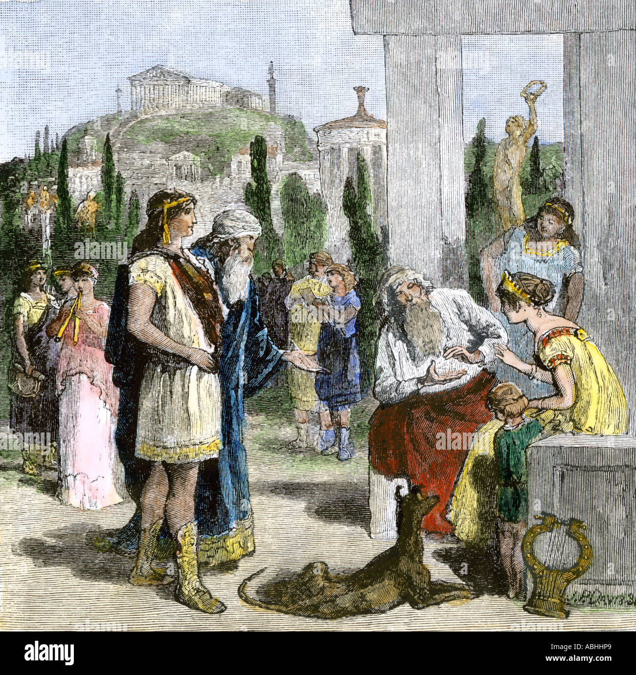 Die Bürger von Athen engagiert in die Diskussionen über die Zeit des Perikles 400 v. Chr.. Hand - farbige Holzschnitt Stockfoto