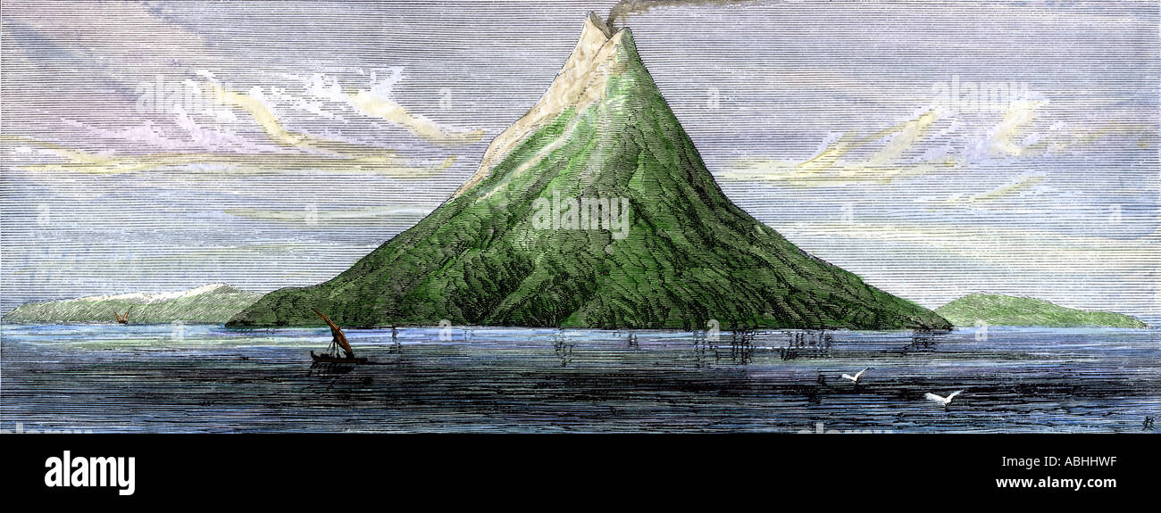 Insel Krakatau vor seiner Zerstörung, wenn der Vulkan im Jahre 1883 ausbrach. Hand - farbige Holzschnitt Stockfoto