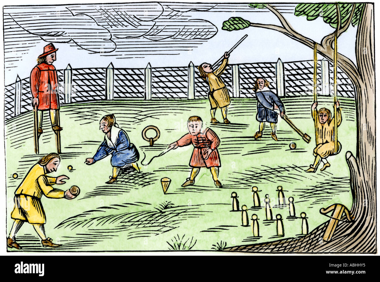 Jungen spielen Sport einschließlich Schießen bowling Spinning top Schlagen einer Kugel Stelzen und einer Schaukel England 1600. Hand - farbige Holzschnitt Stockfoto