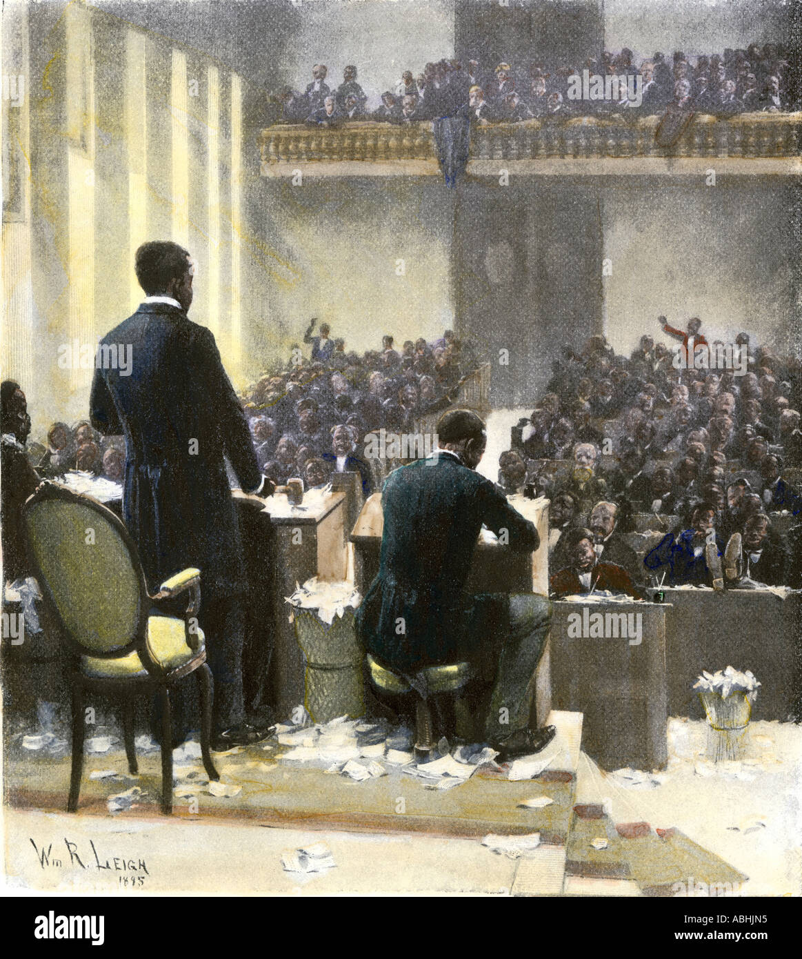 Südcarolina Gesetzgebung, einschließlich der afrikanischen amerikanischen Delegierten vorbei Mittel in Rechnung 1873. Handcolorierte halftone einer Abbildung Stockfoto