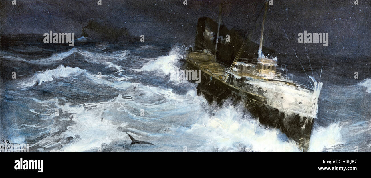 Frachter durch einen Sturm kämpfen auf Lake Superior ca. 1900. Handcolorierte halftone einer Abbildung Stockfoto