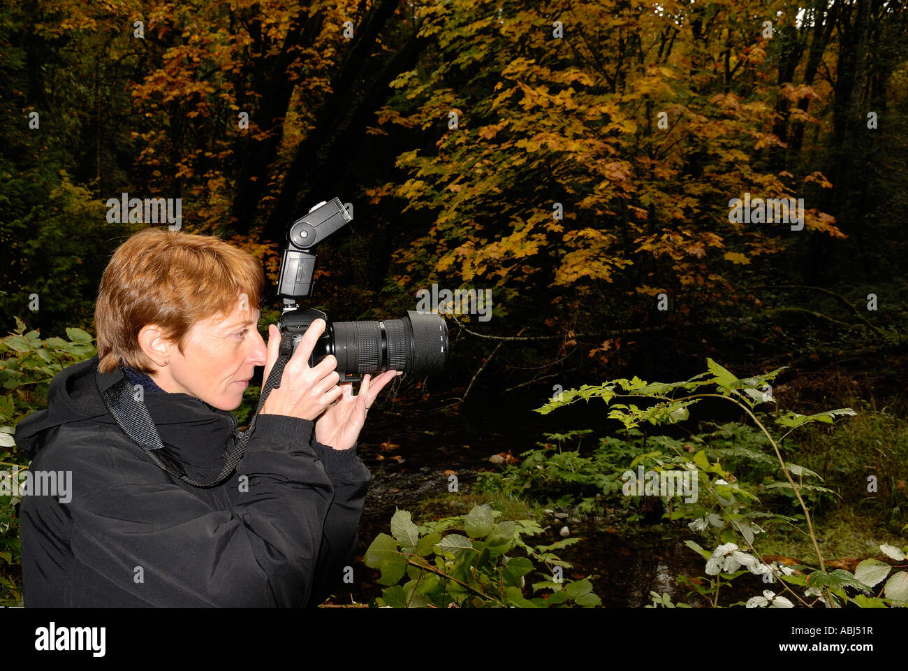 Frau Fotograf Bild von Herbstlaub im Gespräch Stockfoto