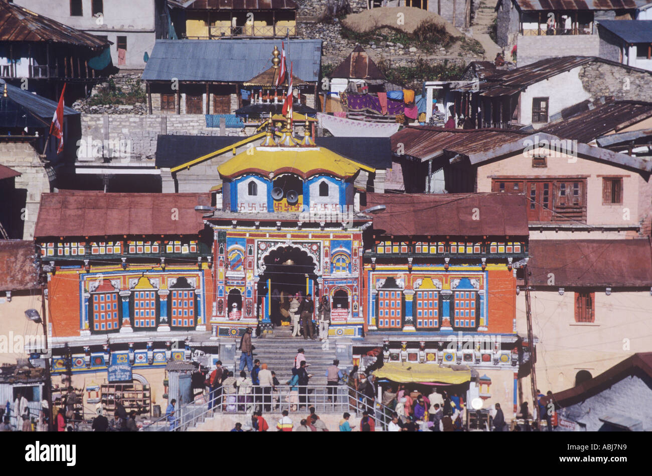 Badrinath Tempel, heilige Pilgerstätte in der zentralen Himalaya-Region von Uttar Pradesh, Nordindien Stockfoto