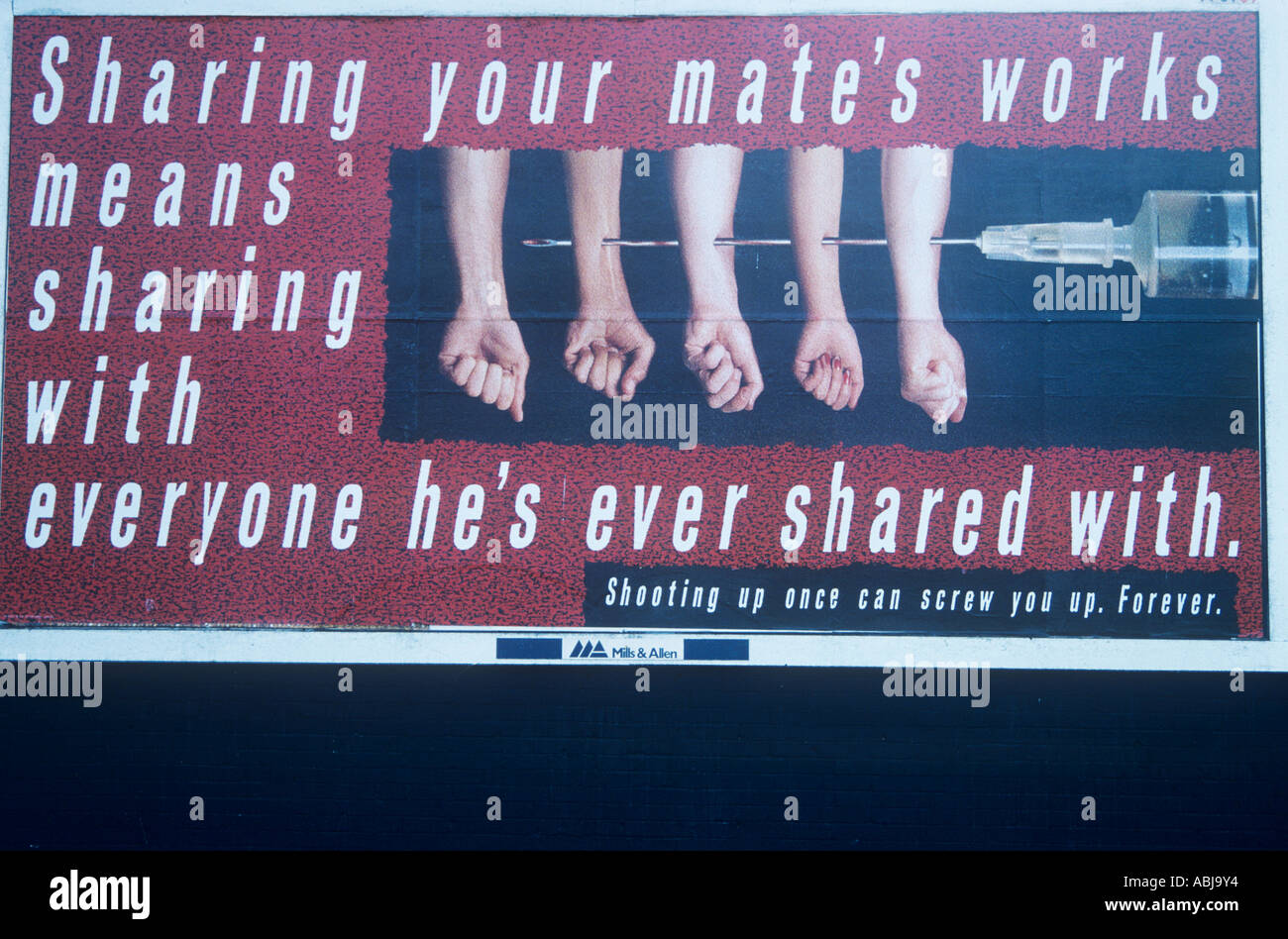 Drogen-Plakat in London Warnung vor der Gefahr der Austausch von Nadeln Stockfoto