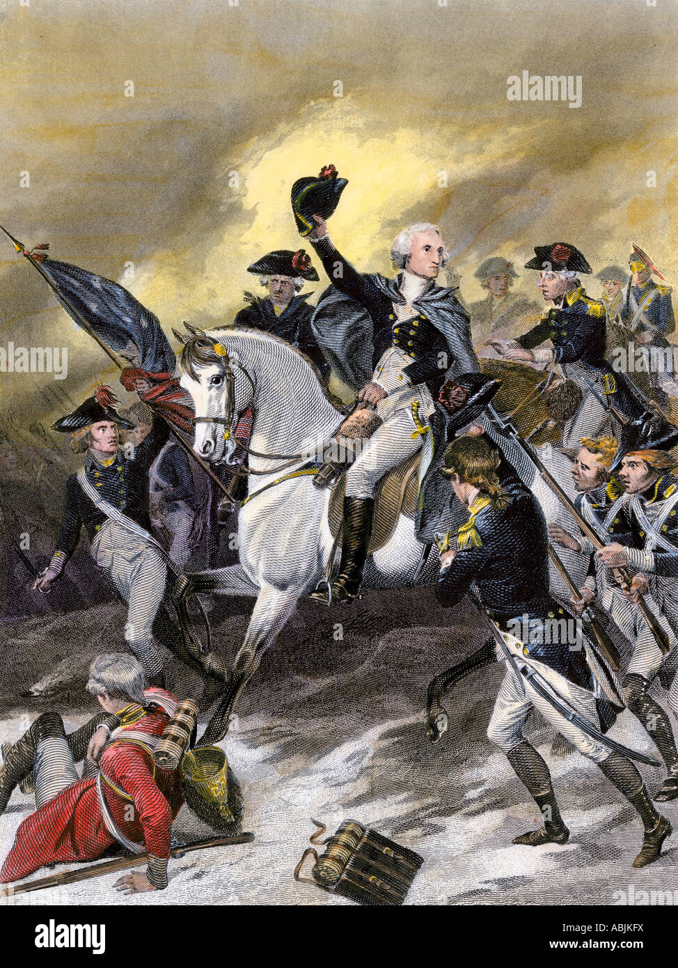 General Washington führenden die Amerikaner in der Schlacht von Princeton, New Jersey 1777. Handcolorierte Stahlstich Stockfoto