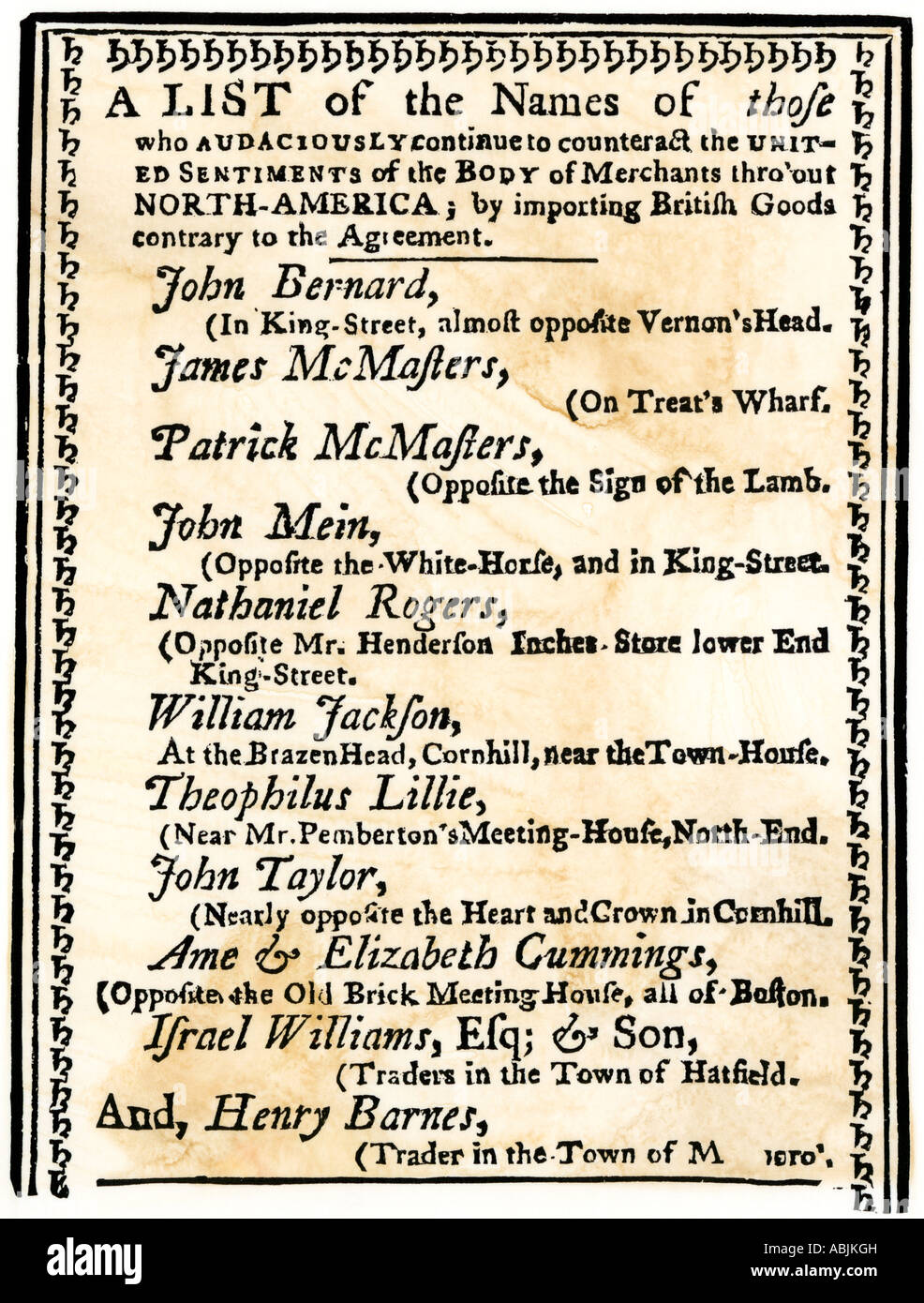 Liste der Boston Kaufleute für den Import von Britische waren 1770 boykottiert werden. Holzschnitt mit einem Aquarell waschen Stockfoto