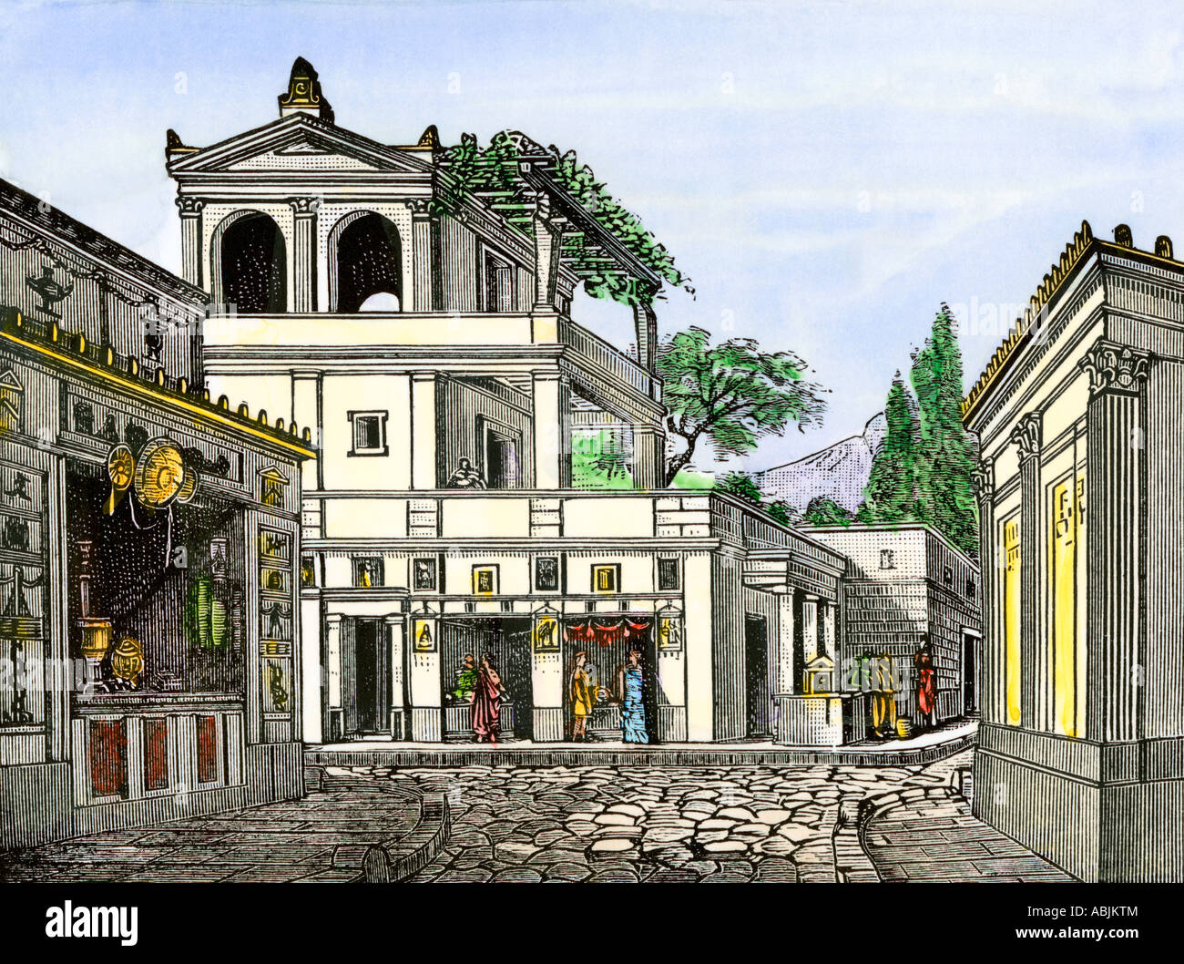 Straße in Pompeji in der Zeit des Römischen Reiches. Hand - farbige Holzschnitt Stockfoto