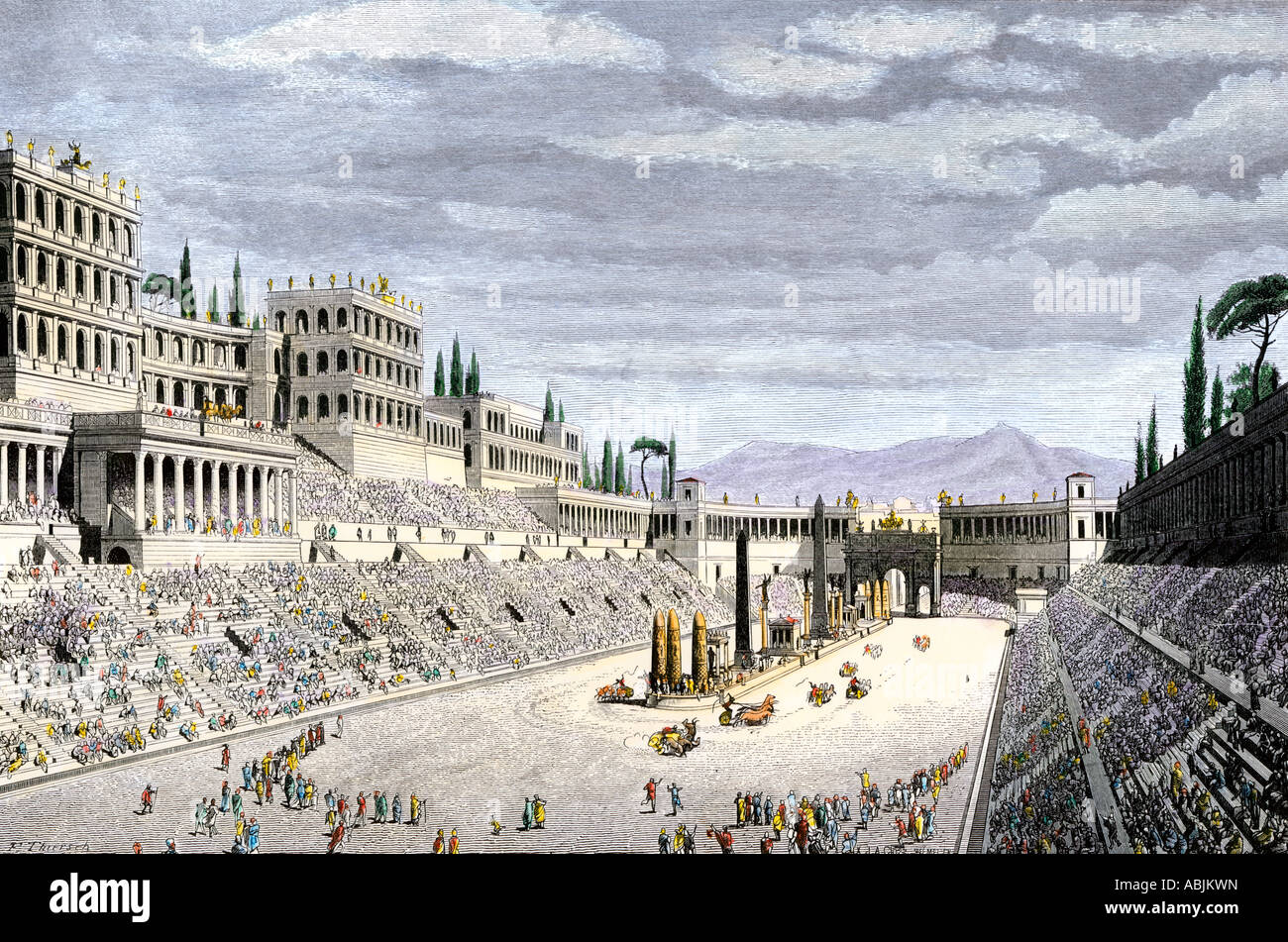 Publikum jubelt Wagenlenker Rennen in den Circus Maximus des antiken Roms. Hand - farbige Holzschnitt Stockfoto
