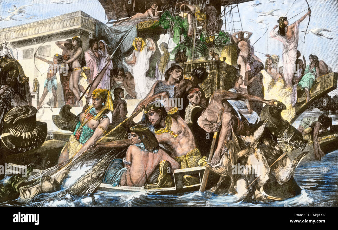 Ägyptische Prinzessin Jagd von einem Schiff auf dem Nil. Handcolorierte halftone einer Abbildung Stockfoto
