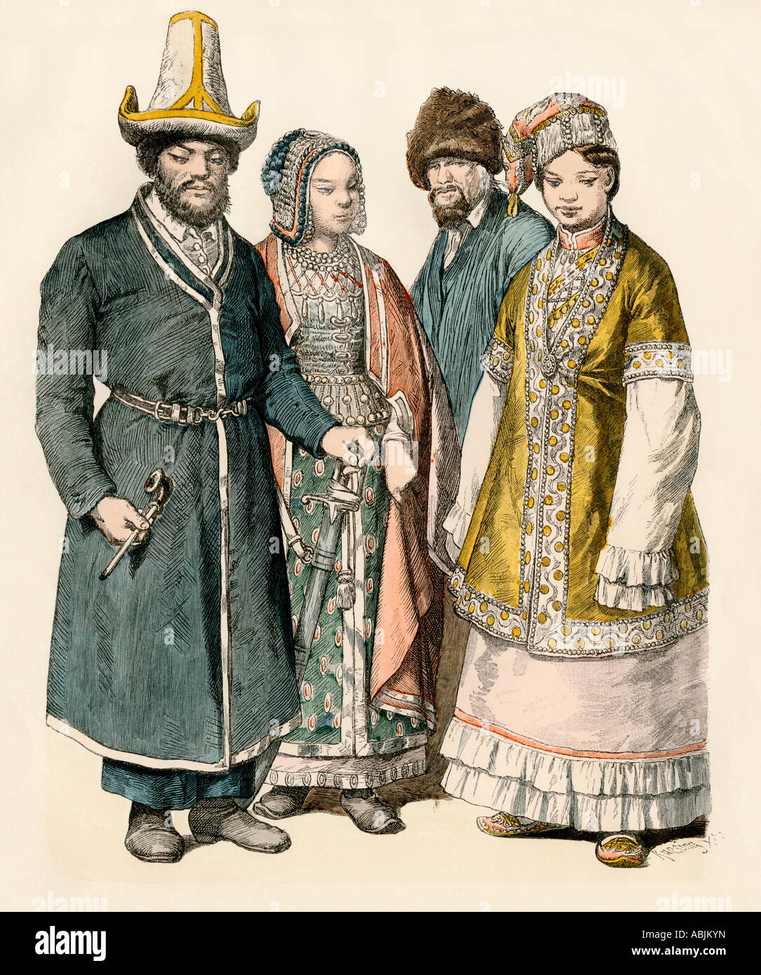 Die russischen Tataren im nativen Kleidung. Hand-farbig drucken Stockfoto