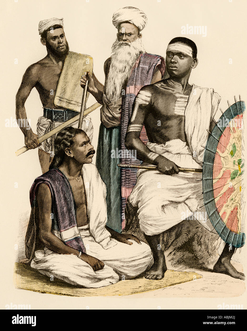 Muslimische Männer von Indien in ihrer traditionellen Kleidung. Hand-farbig drucken Stockfoto