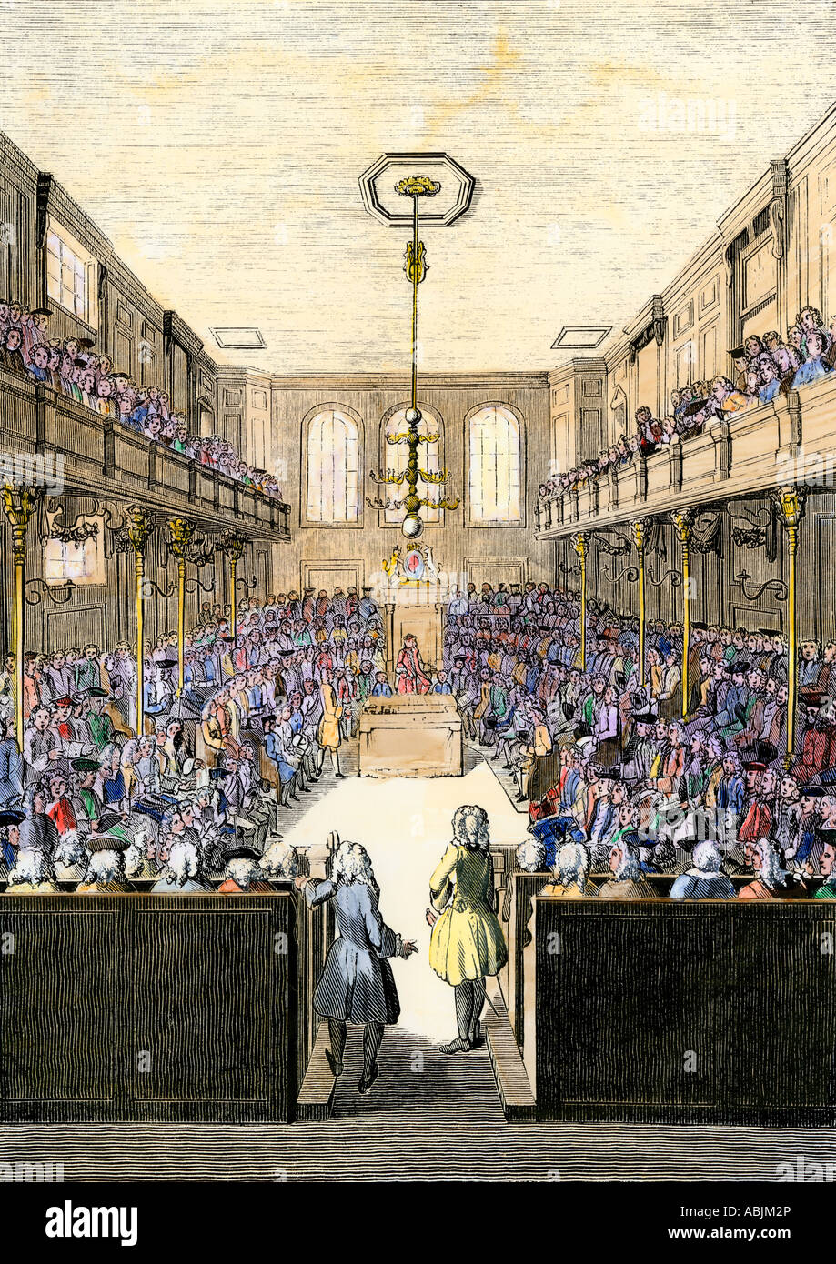 House of Commons in einer Sitzung während der Regierungszeit von König George II. Hand - farbige Holzschnitt Stockfoto