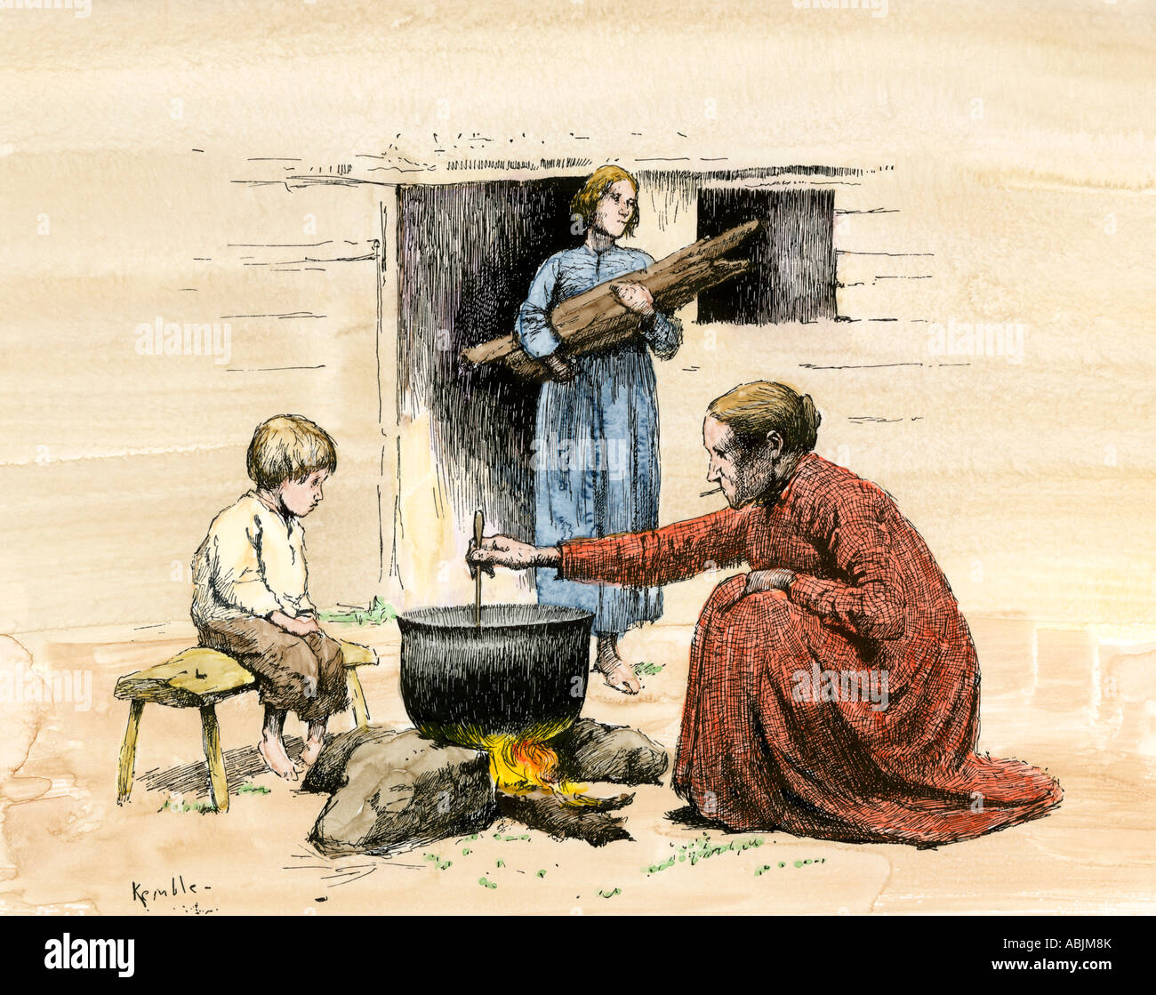 Cracker Familie kochen im Hof von ihren armen ländlichen Kabine Georgien 1800. Hand - farbige Holzschnitt eines Kemble Abbildung Stockfoto