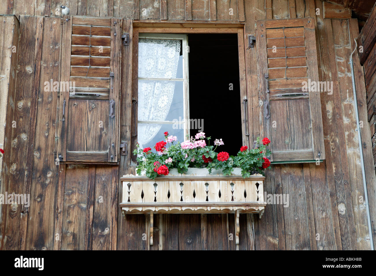 Traditionelle Alpine Chalet aus Holz mit Gardinen und Geranien Blumen in  Leysin Altstadt im Wallis in der Schweiz Europa Stockfotografie - Alamy