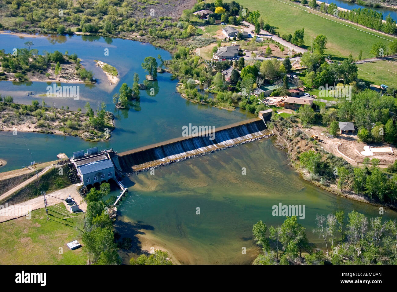 Luftaufnahme des historischen Barber-Staudamm am Fluss Boise in Boise, Idaho Stockfoto