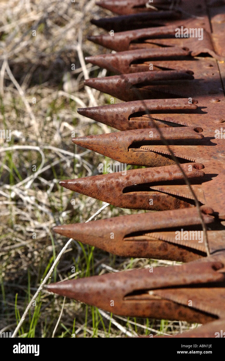 Verrostete Rasenmäher Teile einer alten Dreschmaschine in Sukanen Pioneer Village Stockfoto
