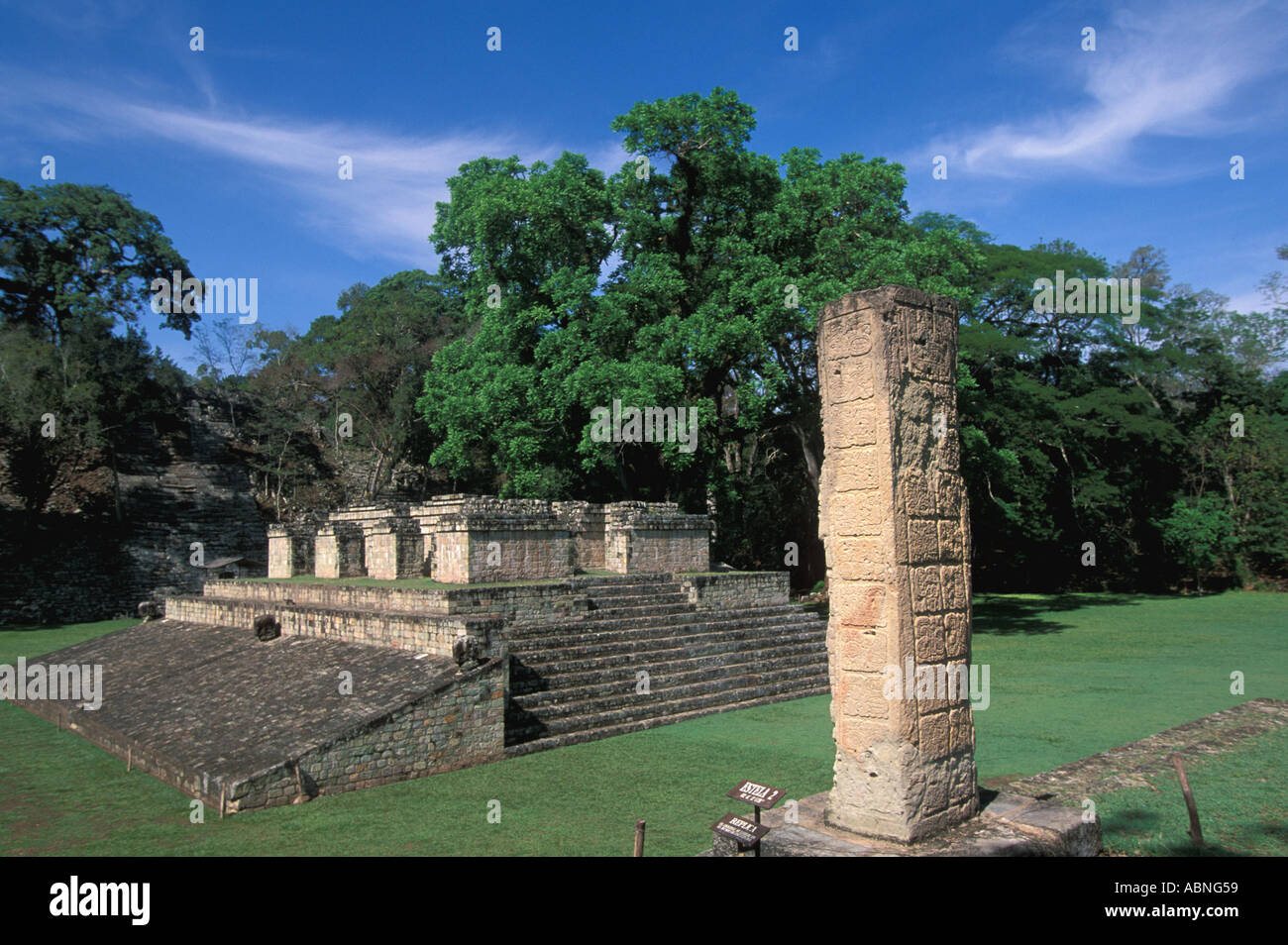 Honduras Copan Ruinas horizontale Maya Ruinen Ballcourt Bereich Stele Tempel Plattform Maya Kunstgeschichte Stockfoto