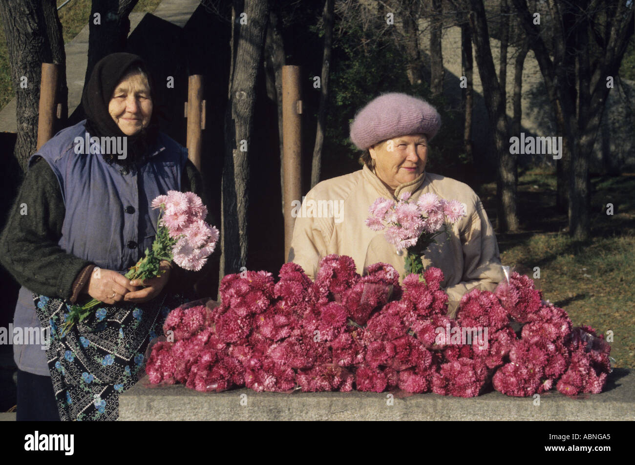 Ältere Damen verkaufen Blumen außerhalb Mamajew Kurgan in Südrussland Volgagrad Stockfoto