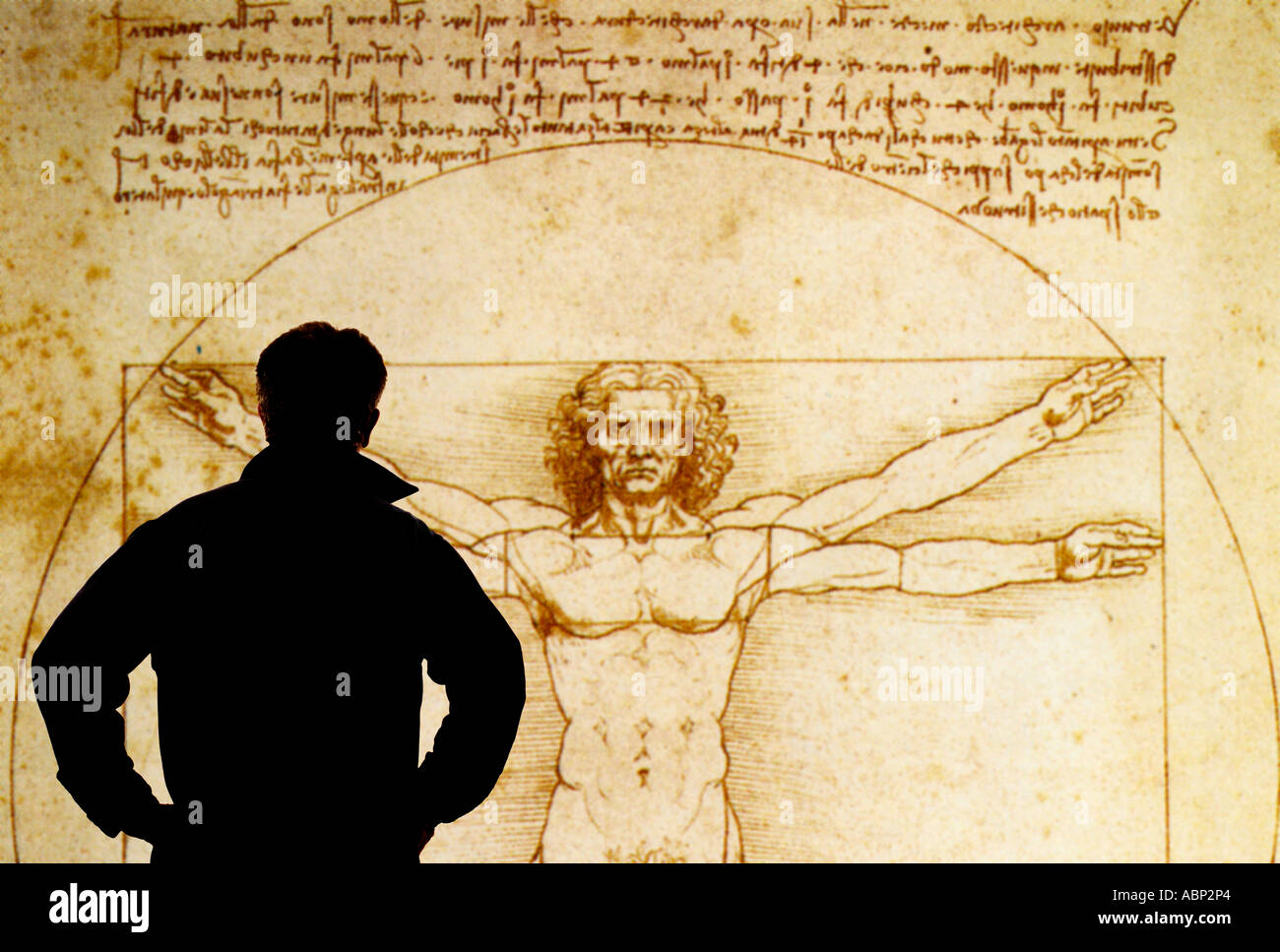 Man studiert ein elektronisches Display The Vitruvian Mann 1490 von