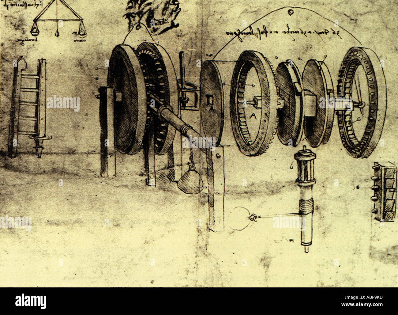 Zahnräder und mechanische Geräte, die von Leonardo da Vinci skizzierte Stockfoto