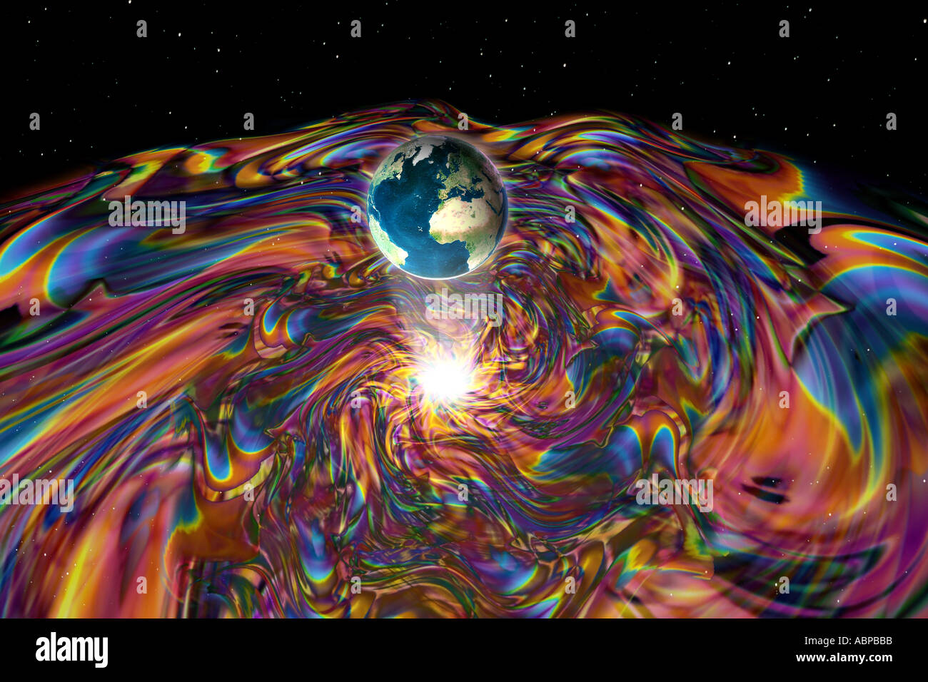 Erde über eine geheimnisvolle rotierende feurige Plasma-Scheibe Stockfoto