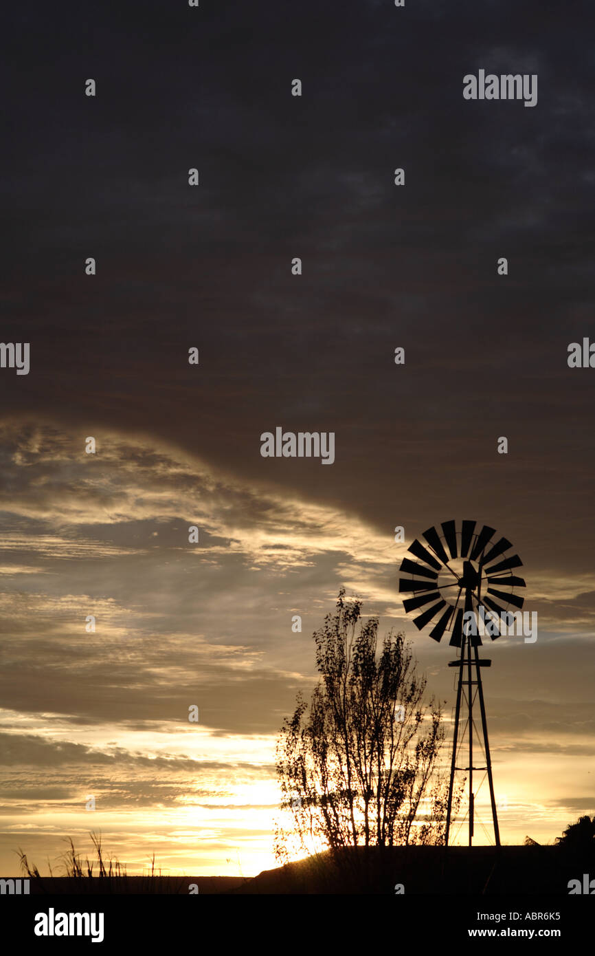 Silhouette der Wind Pumpe große Karoo in Südafrika Stockfoto